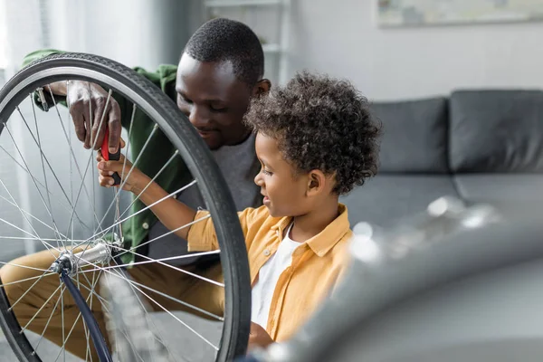 Afro father and son repairing bicycle — Free Stock Photo