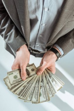 Parayı elinde tutan işadamı görünümünü yakın çekim