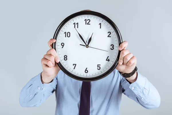 Businessman Shirt Holding Clock His Face Isolated Grey — Stock Photo, Image