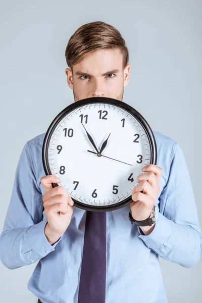 Businessman Shirt Holding Clock Front Him Isolated Grey — Stock Photo, Image