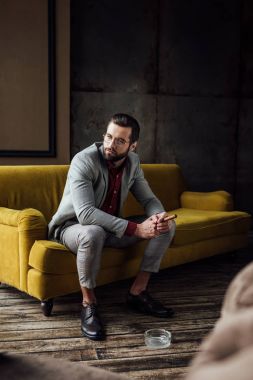 yakışıklı adam puro ve kanepede oturan kül tablası 