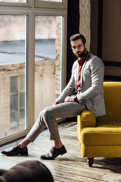 Fashionable Elegant Man Trendy Suit Posing Window — Stock Photo, Image