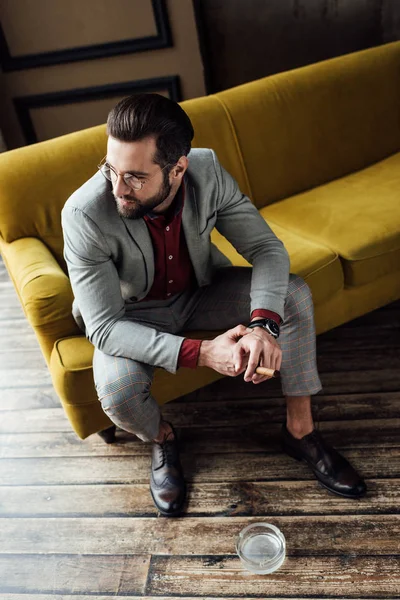 puro ve koltukta oturan kül tablası ile zarif sakallı adam havai görünümü 