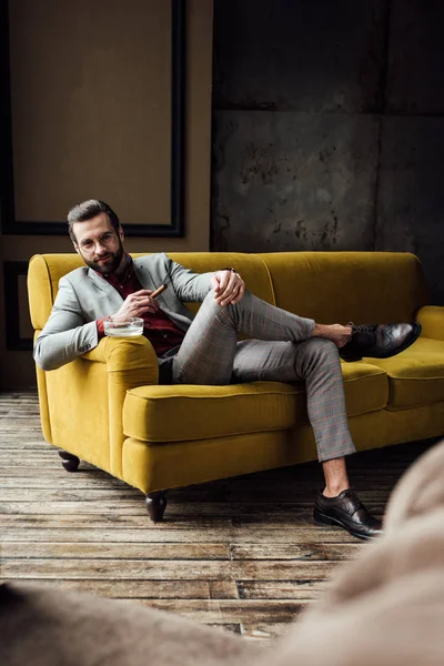 Fashionable Man Cigar Ashtray Looking Camera — Stock Photo, Image