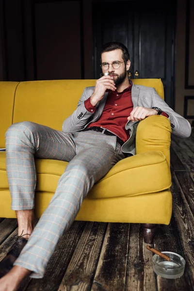 在地板上的烟灰缸坐在沙发上与雪茄玻璃威士忌英俊男子 — 免费的图库照片