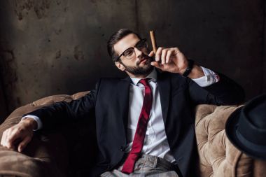 fashionable man sitting in armchair and holding cigar clipart