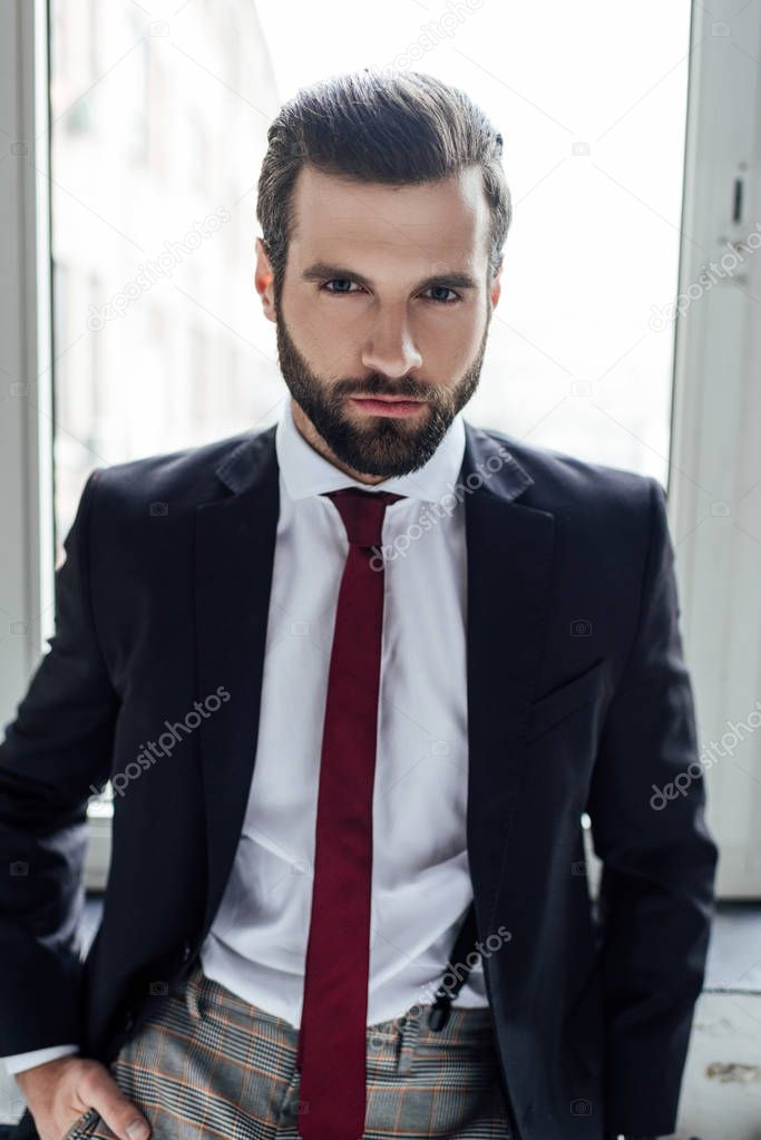 portrait of handsome stylish bearded businessman looking at camera and posing in trendy suit at window