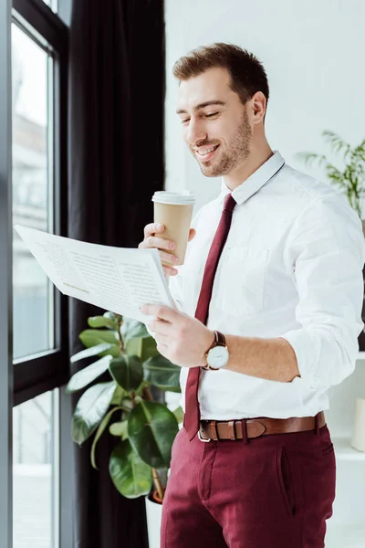 Handsome Businessman Coffee Reading Newspaper Modern Office — Stock Photo, Image