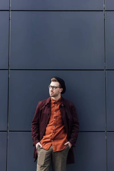 Handsome Fashionable Man Standing Black Wall — Stock Photo, Image