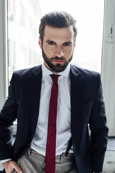Retrato de hombre de negocios barbudo elegante guapo mirando a la cámara y posando en traje de moda en la ventana - foto de stock