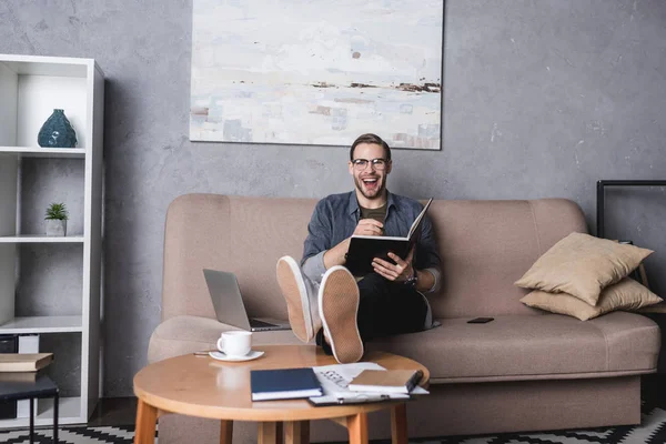 Young happy freelancer working on couch at home office — Stock Photo