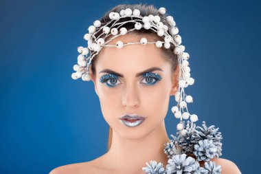 saç aksesuarı, Noel çam kozalakları, kış makyaj ve mavi izole glitter, güzel model