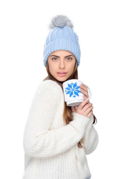 Beautiful Woman Knitted Hat Winter Sweater Holding Cup Coffee Isolated — Free Stock Photo