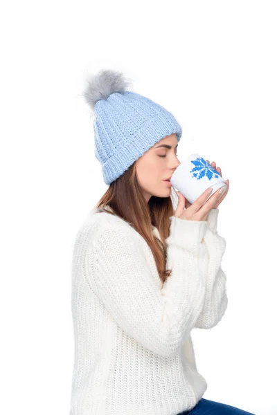 Beautiful Woman Knitted Hat Winter Sweater Drinking Coffee Isolated White — Stock Photo, Image