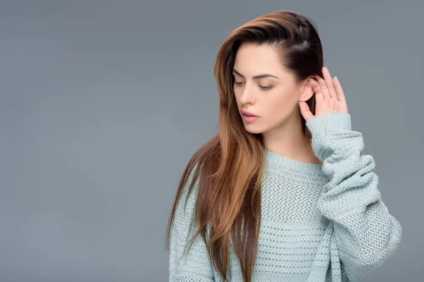 Beautiful Charming Girl Posing Sweater Isolated Grey — Stock Photo, Image