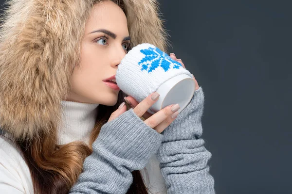 Beautiful Woman Fur Hat Drinking Hot Beverage Isolated Grey — Free Stock Photo