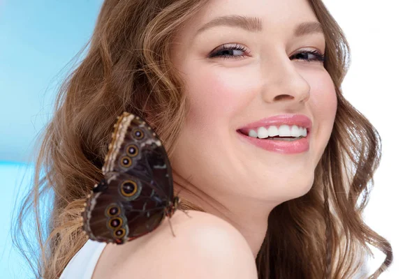 Happy Young Woman Butterfly Shoulder — Stock Photo, Image