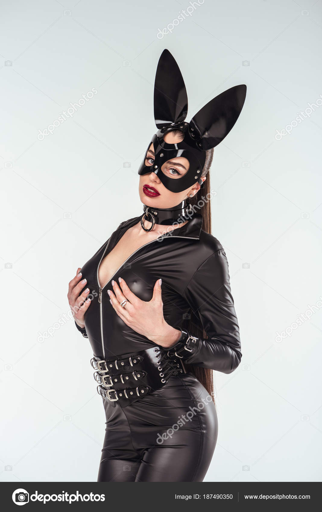 Inspection Lodge variable Kinky Woman Sexy Costume Black Mask Ears Isolated White Stock Photo by  ©AntonLozovoy 187490350