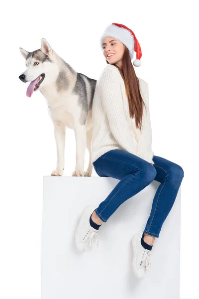 Чоловічий собака і красива жінка в капелюсі Санта, ізольовані на білому — стокове фото