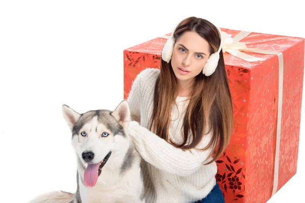 Husky dog and beautiful woman in winter earmuffs with big christmas gift behind, isolated on white — Stock Photo