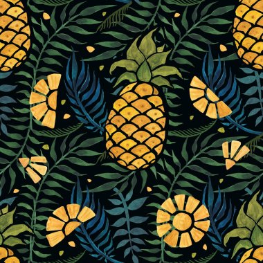 Ananas ve palm ile Dikişsiz tropikal desen bırakır. El suluboya resim çekilmiş.