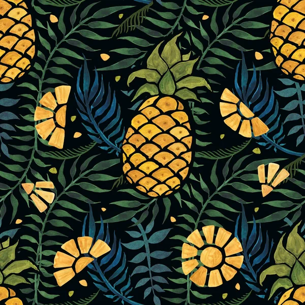Ananas ve palm ile Dikişsiz tropikal desen bırakır. El suluboya resim çekilmiş. — Stok fotoğraf