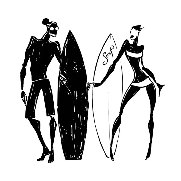 Surfista Siluetas de mujer y hombre . — Vector de stock