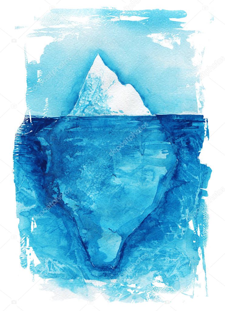 Iceberg. Sea landscape. Ocean watercolor hand painting illustration.