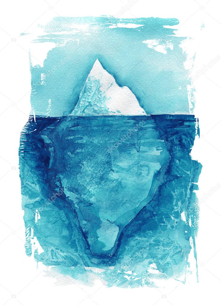 Iceberg. Sea landscape. Ocean watercolor hand painting illustration.