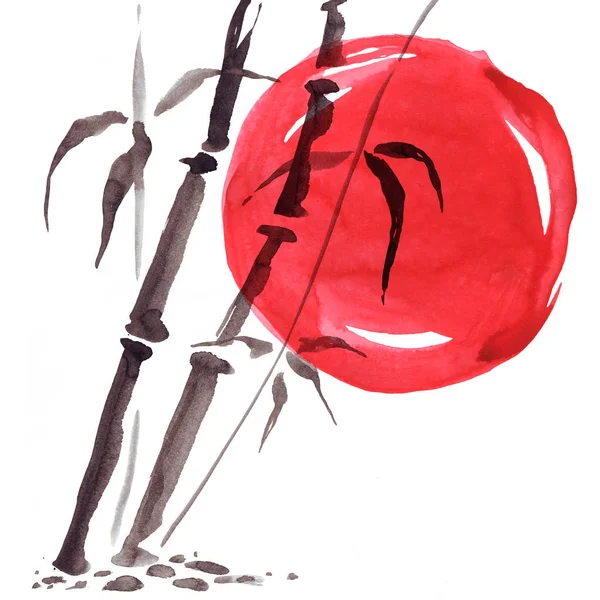 Bamboo in Japanese style. Watercolor hand painting illustration — Stock Photo, Image