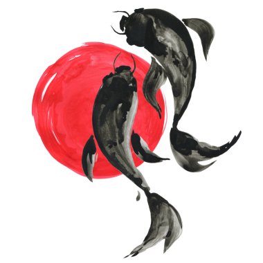 Koi balıkları ve kırmızı güneşte Japon tarzı. Suluboya resim