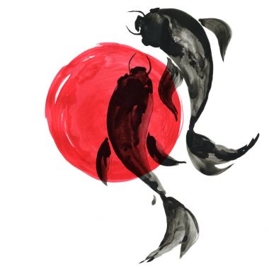 Koi balıkları Japon tarzı. Suluboya el boyama çizim