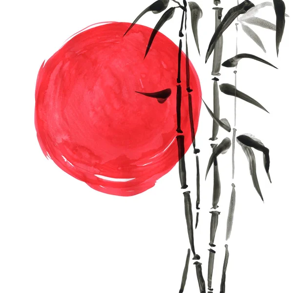 Bamboo in Chinese style. Watercolor hand painting illustration.