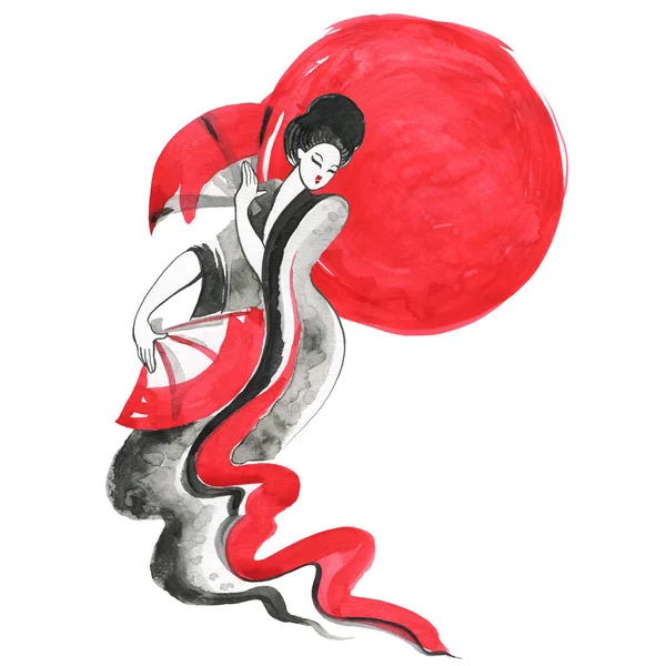 Geisha. Stile cinese. Illustrazione pittura a mano acquerello — Foto Stock