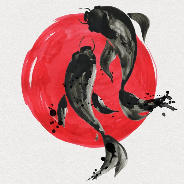 鲤鱼鱼和红太阳的日本风格。水彩插图 — 图库照片