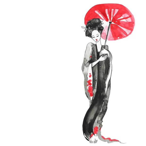 Geisha. Stile cinese. Illustrazione pittura a mano acquerello — Foto Stock