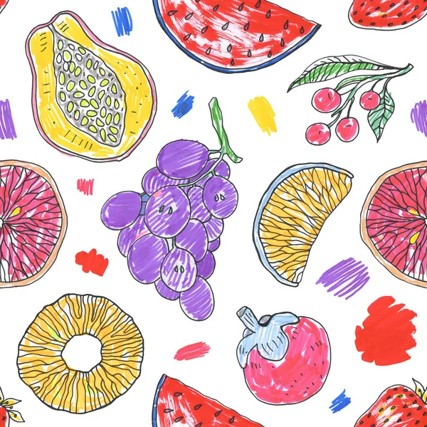 Τροπικό μοτίβο των εξωτικών φρούτων. Αφηρημένη απρόσκοπτη υπόβαθρο — Φωτογραφία Αρχείου