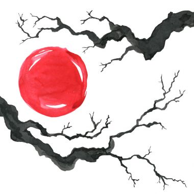 Ağaç dalı Japon tarzı. Suluboya el boyama çizim
