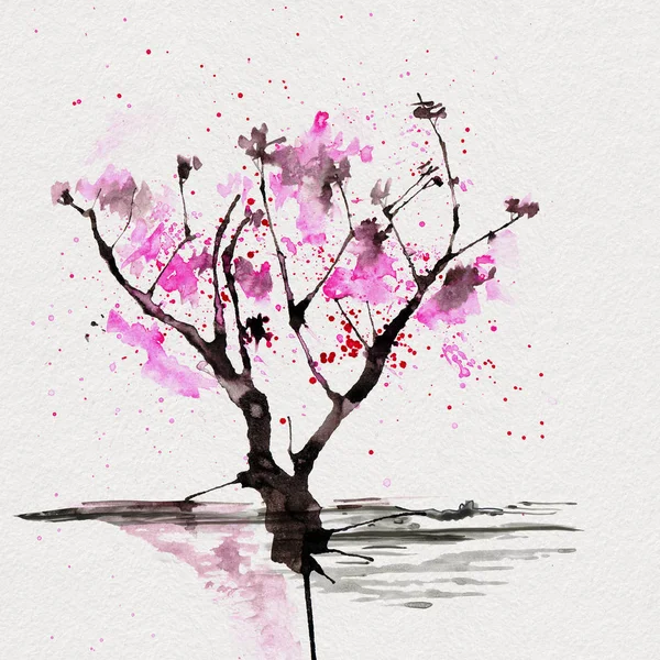 Sakura strom v japonském stylu. Obrázek Malba akvarel ruka — Stock fotografie