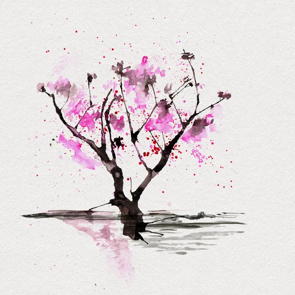 Sakura tree in Japanese style. Watercolor hand painting illustration — Stock Photo, Image