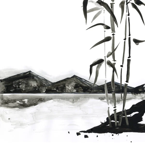 Góry w japońskim stylu. Dłoń akwarela malarstwo ilustracja — Zdjęcie stockowe