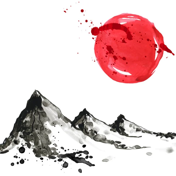 Berge im japanischen Stil. Aquarell Handmalerei Illustration — Stockfoto