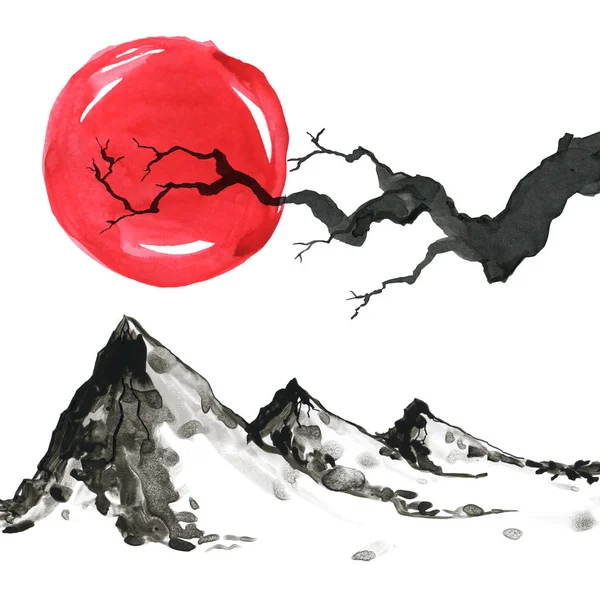 Montañas de estilo japonés. Acuarela pintura a mano ilustración —  Fotos de Stock