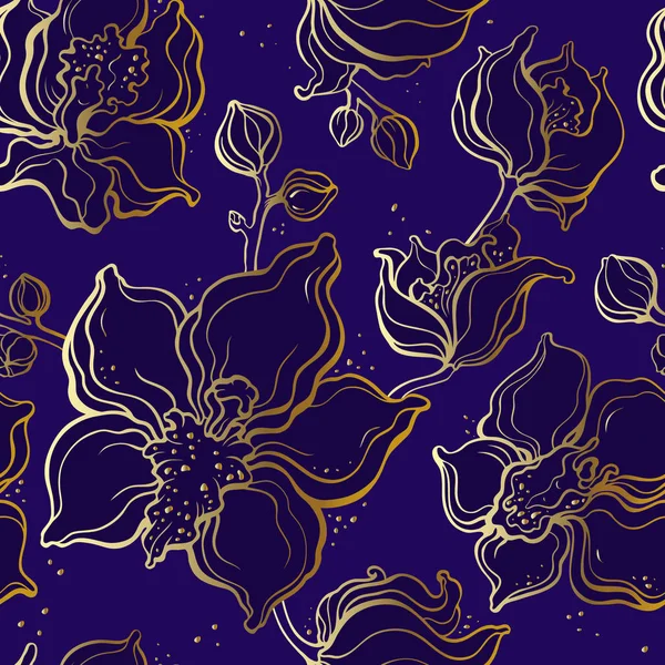Λουλουδάτο μοτίβο με ορχιδέες. Εικονογράφηση χέρι. Απρόσκοπτη υπόβαθρο — Διανυσματικό Αρχείο