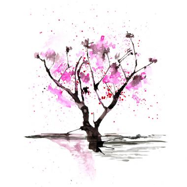 Sakura ağacı Japon tarzı içinde. Suluboya el boyama çizim
