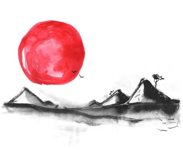 日本风格的山脉。水彩手绘插画 — 图库照片
