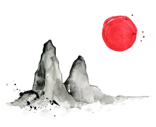 Montanhas em estilo japonês. Ilustração de pintura à mão aquarela — Fotografia de Stock