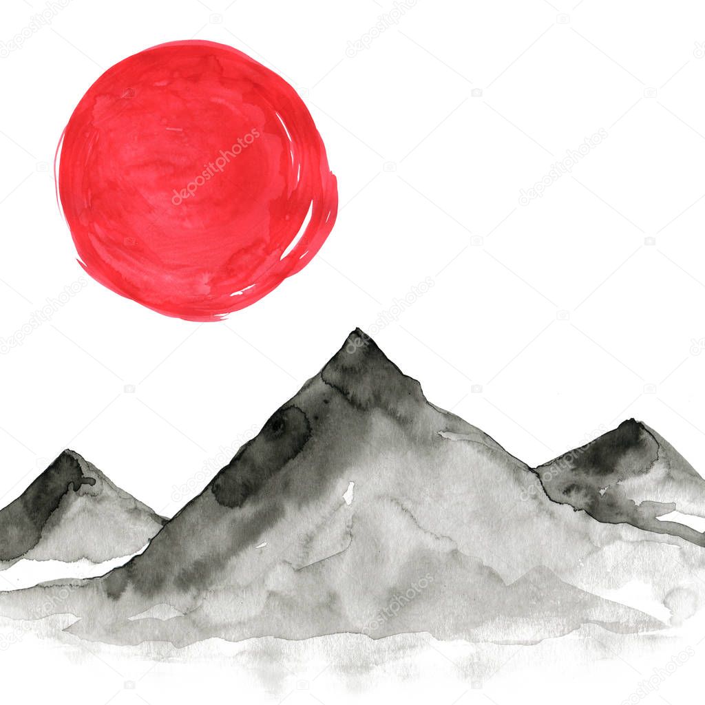 Mountains in Japanese style. Watercolor hand painting illustration