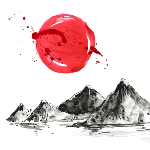 Bergen in Japanse stijl. Aquarel hand schilderij illustratie — Stockfoto