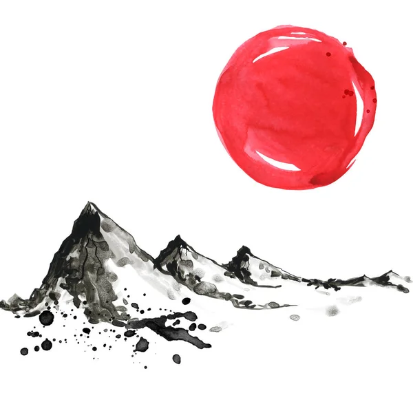 Montanhas em estilo japonês. Ilustração de pintura à mão aquarela — Fotografia de Stock